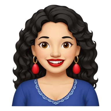40 yr old Mexican woman, slightly chubby, wavy/curly long black hair, red lipstick, big smile, white teeth, brown eyes, hoop earings, side part to hair, round face, nice blouse, no wrinkle hair side swept, big hoop earing sticker
