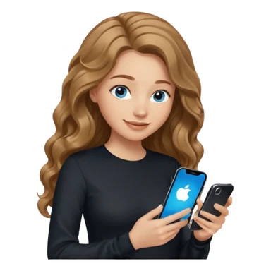 generate a pretty woman with blue eyes, light skin and medium brown long and really wavy shiny hair holding a phone she is looking at the phone while looking down at the screen. she is wearing an ALL black long sleeve. she is smiling sticker