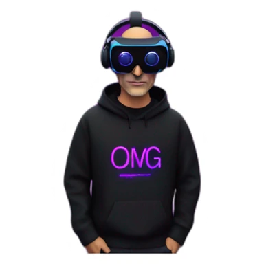 Steve Jobs wearing a black hoodie with "OMG" letters on it and VR headset in a cyberpunk VR environment with violet neon lighting. sticker