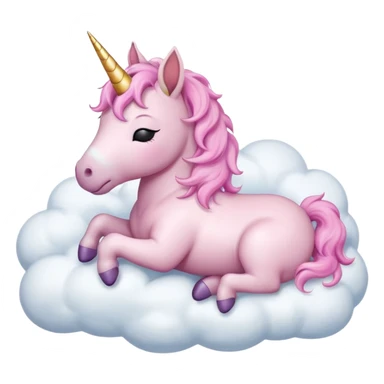 Small adorable baby unicorn, asleep on a white fluffy cloud, isolated  sticker
