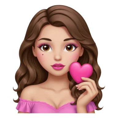 girl with long wavy brown hair, brown eyes, long lashes makeup, sexy pink lips, light to medium complexion, wearing a pink sexy top, sexy , puckering, blushing, kissing a heart sexy sticker