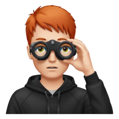 A red-haired, short-haired man without a beard, wearing a black hoodie, looks through binoculars sticker