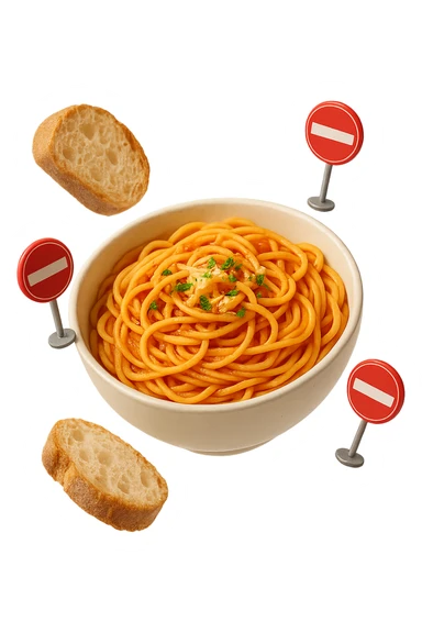 bowl di pasta e fettine di pane che fluttuano in aria con piccoli divieti 3d, sfondo bianco, iperrealistico 4k sticker