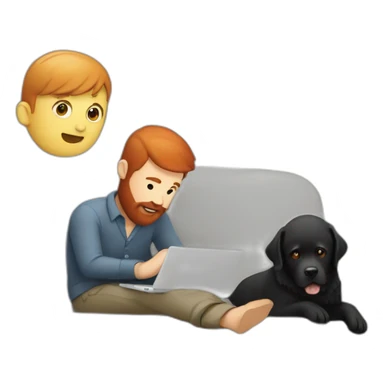 a man with a red beard sits working on a laptop on the sofa with a black Labrador sticker