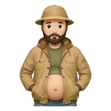 Bearded man rubbing pregnant belly poking out of shirt wearing a tan canvas carhartt jacket with  chinese hat on sticker