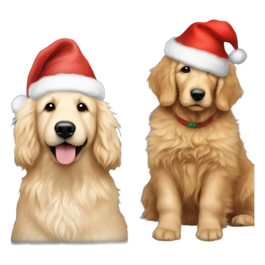 Make an emoji with a fluffy goldendoodle and golden retriever sitting next to each other with Christmas hats on  sticker
