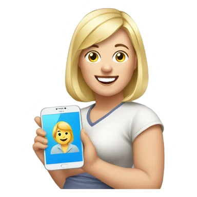 overweight blondie woman happy with a smartphone in hands showing charts sticker