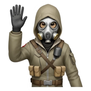 Emoji of a character combining Assassin's Creed and S.T.A.L.K.E.R., hood, gas mask, tactical gear, waving hand, minimalist, clean design, white background, no shadows. sticker