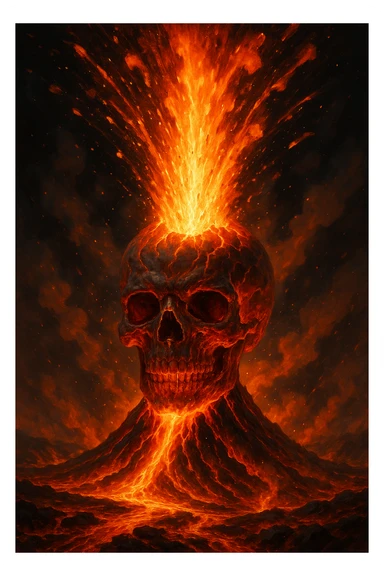 skull head volcano, explosive lava blast, fiery and powerful, intense volcanic eruption, dynamic lava explosion sticker