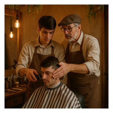 Inside a cozy barbershop with soft lighting, an experienced barber gently teaches his apprentice, guiding his hands as they cut hair together. The room is filled with warmth, plants hanging from the ceiling, and the hum of clippers sticker