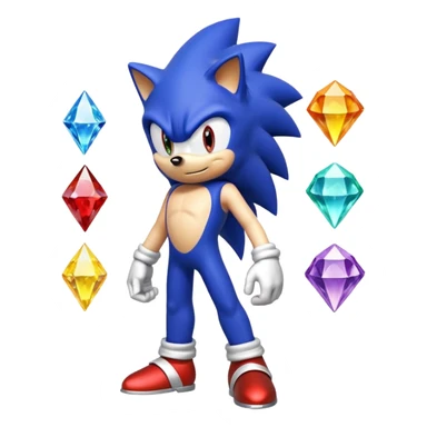 I want Sonic the hedgehog with the 7 chaos emeralds and the Goku aura transformation, where is the super Sonic aura Is a power 7 diamonds, red, blue, yellow, green, white, skyblue and purple, and Sonic changed color into yellow with the seven diamonds or chaos emeralds, and the spine is up sticker