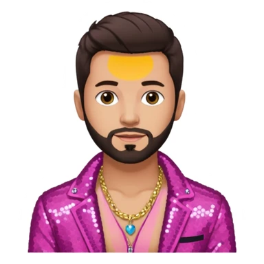 Frankie Zulferino, Pop Singer (b.1990) with dark brown hair and short beard, dark pink sequin jacket, light tan skin, shirtless with necklace sticker