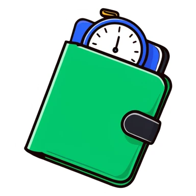 black wallet with a small clock hovering above it sticker