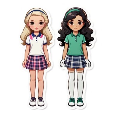  one  girl with shortish straight black hair and white skin with golf clothes on, one American girl with long curly dirty blond hair and a floral dress on.   sticker
