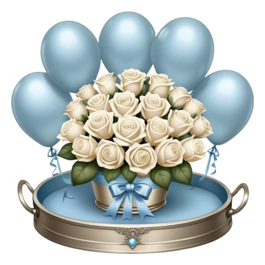 Set against a warm beige and pearl-colored lace backdrop, a bouquet of creamy white roses intertwined with pale blue blooms is wrapped in a soft champagne-colored velvet ribbon, forming a perfect bow. The bouquet rests on an antique silver tray, its delicate engravings catching the soft glow of candlelight. Hovering above, a trio of metallic pearl balloons in soft ivory and rose gold tones sway gently, their surfaces gleaming with a muted, vintage-inspired sheen. sticker