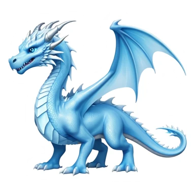 Cinematic Noble wise elegant Ice Dragon full body  Emoji, Poised and imposing, distinct long elegant snout, with a slender, scaled body shimmering in glacial hues of icy blue, frostbitten silver, and crystalline white, breathing out frost, with piercing, glowing ice blue white eyes that radiate the chilling depths of an arctic storm; rendered in detail. excuding wisdom sticker