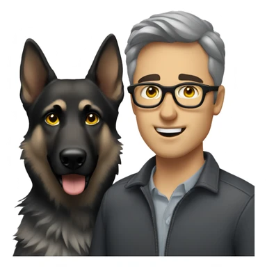 A guy with brown hair, gray eyes, and thin, stylish black glasses, accompanied by a gray German Shepherd (female) with yellow eyes. sticker