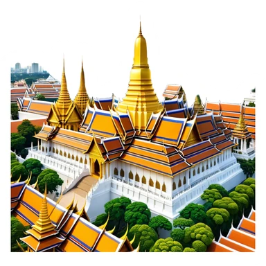 Cinematic Realistic Grand Palace Bangkok Landmark Emoji, showcasing the opulent golden spires, intricate Thai architecture, and the Emerald Buddha Temple set within a vibrant, manicured courtyard. sticker