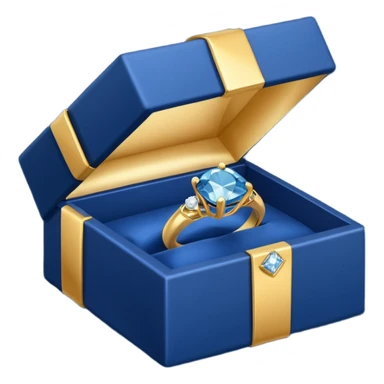 A dark blue gift box for jewelry containing a gold ring with a diamond sticker