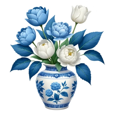 Blue and white toile pattern vase, with white peonies, white tulip, and hydrangeas, with some greenery filler plants sticker