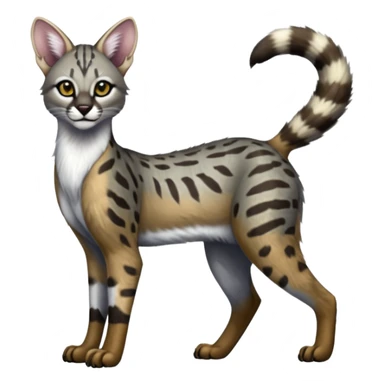 Realistic patterned marked edgy greyish blackish whitish silvery Shiny Colorful Glossy Genet-Caracal-Lion-Bobcat-fusion-animal-hybrid-creature, full body, tufted ears, long thin tufted tail sticker
