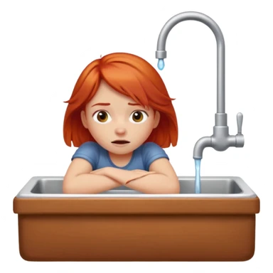apple style emoji of a red-haired girl at a sink, unable to get water, looking exhausted and thirsty sticker