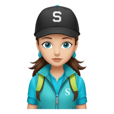 A landscaper in a beautiful turquoise jacket, turquoise rubber boots, and black pants. Over the turquoise jacket, she wears a black sleeveless vest. On her head, she wears a black Swissotel baseball cap. The girl is a brunette with blue eyes. sticker