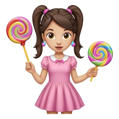 Girl with long dark ponytails wearing light pink body dress holding a lollipop sticker