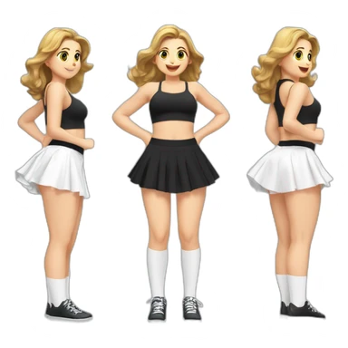 alistic-full-body-caucasian-curvy-beauty-jumping-short-black-skirt-back-and-front-views-strong-wind-white knickers-long-white-socks sticker