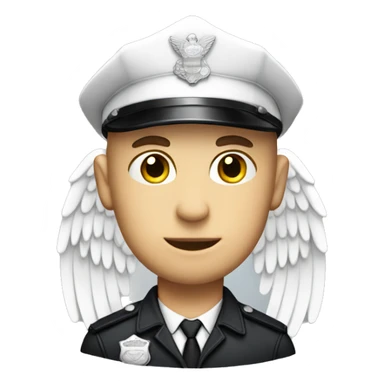 A White Police man bald with cap with Big ANGEL WINGS sticker