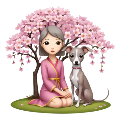 A young Chinese girl and a grey Italian Greyhound sitting under a cherry blossom tree sticker