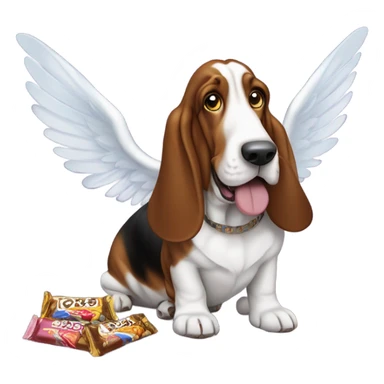 Basset hound with angel wings eating a box of chocolates and candy bars sticker