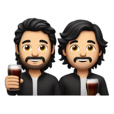 two men, one with long black hair and the other man with short blonde hair, no facial hair, holding a bottle of fernet sticker