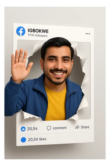 Create a hyper-realistic 3D digital illustration of the person in the photo breaking through a Facebook post frame. The person is smiling exactly as in the photo, wearing a yellow t-shirt and a blue zip-up jacket, waving with their right hand. The Facebook frame appears as a physical cutout with ripped paper edges where the person bursts through, creating a 3D pop-out effect. The top of the frame includes the account name “IGBOKWE” with “WE 111K followers.” The design mimics the Facebook interface with icons (like, comment, share) and the caption section showing “20.5k likes.” Use bright, clean lighting and a neutral background for a modern, polished aesthetic. HD quality. sticker