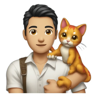 Young Asian man in Cuban-collared shirt holding a Dragon Li cat in his arms sticker