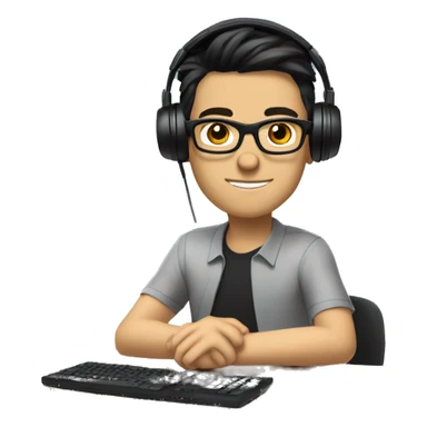 white boy with dark hair and glasses wearing gaming headset and sitting at desk on desktop computer   sticker