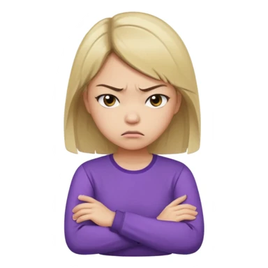 Angry Pouty girl with small asian eyes folding arms in a purple longsleeve shirt she has fair skin and medium length brown hair with blonde sticker
