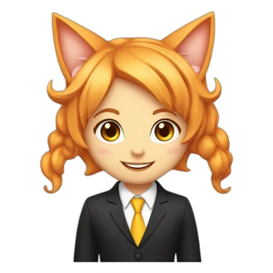 Orange haired girl smiling with peach cat ears in black suit with yellow tie sticker