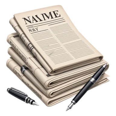 Create an emoji representing journalism and publicistic writing. The design should feature a stack of newspapers, an open notebook with visible text, and a single fountain pen placed near the notebook, symbolizing the act of writing. Use neutral, professional colors like black, white, and muted tones to convey a sense of seriousness and intellect. Do not include any emojis or smiley faces. Make the background transparent. sticker