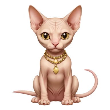 hairless Sphynx cat full body sitting, wearing a gold chain, winking sticker