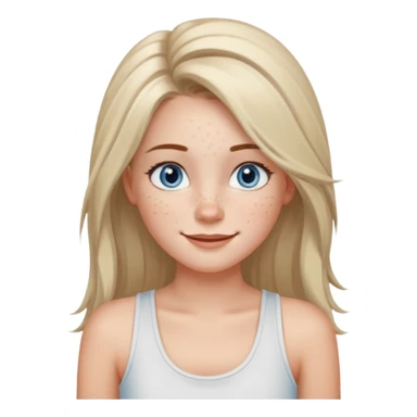 Una chica de tez blanca con pecas, nariz respingada, labios gruesos, ojos grandes color azul grisáceo, pelo largo, lacio, color avellana. Con una blusa de tirantes blanca. Que este sonriendo y q solo se vea de la cintura hacía arriba sticker