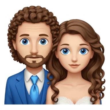 wedding couple, woman has very long and lightly curled brown hair and blue eyes, man has short light brown curly hair and facial hair with blue eyes sticker