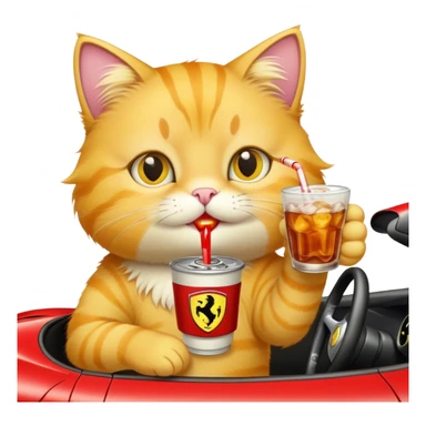 Yellow cat in a Ferrari drinking soda sticker