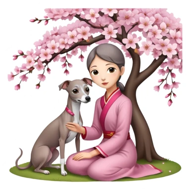 A young Chinese girl and a grey Italian Greyhound sitting under a cherry blossom tree sticker