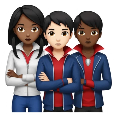 Solo poly platonic relationship, one is south African girl, one is Asian boy, one is biracial features Asian tomboy girl with anime short hair with long hair, vampire and marvel cosplay elements inspired. sticker