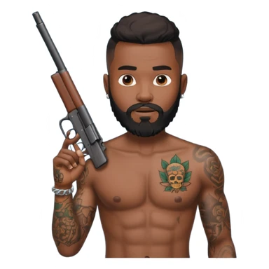 Ebony Crip gang member with no shirt an beard with tattoos all over holding gun sticker