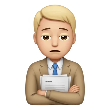  emoji character wearing a interview clothoes. face has a very sad crying, disappointed expression with drooping eyebrows and half-closed eyes. posture is dejected, with slumped shoulders just rejected from his interview to get a job, holding CV. dont make it old person. sticker