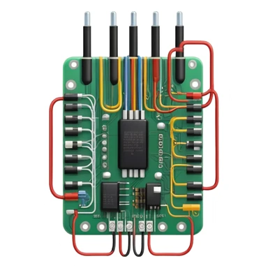 An icon featuring a circuit board, electrical wires, symbolizing electrical engineering. The design includes resistors, capacitors, and a power transformer, representing the study of electrical systems and innovation. Transparent background highlights modern electrical technology sticker