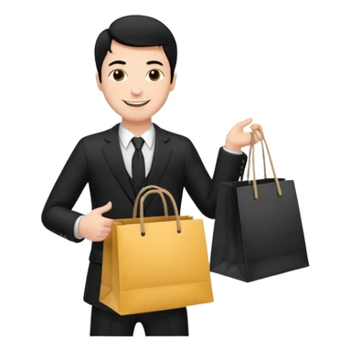 a white man black hair in a black suit with clothing shopping bag sticker