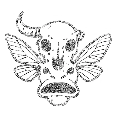 a horrifying minimal red line drawing of just a head merging minotaur skull with broken horn, stoat snout, frog mouth, and moth wings extending from the head, hollow transparent center, heavily distressed with incomplete outlines, worn texture, eroded sections, and scratched appearance, only thin red lines sticker